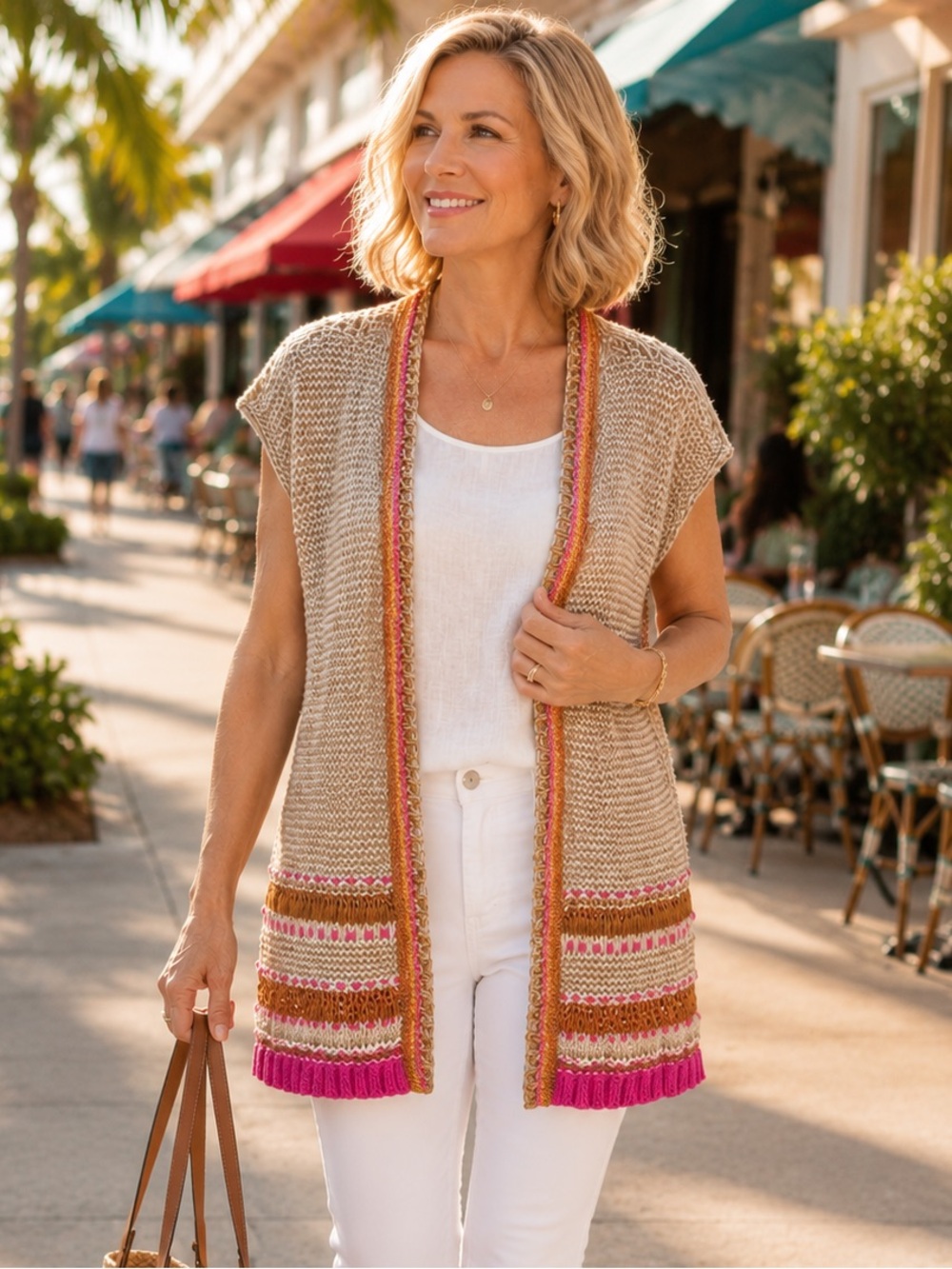 Chico's Color Pop Open Knit Cardigan Vest Neutral Pink Metallic Longline 0 S NWT